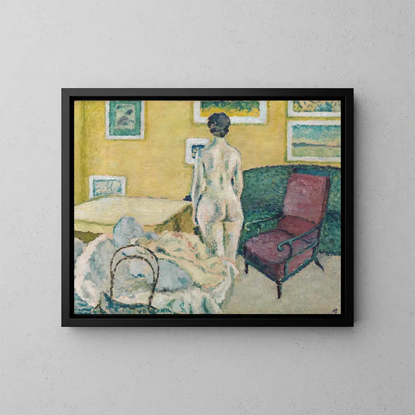 Innenraum-Gemälde mit nacktem stehenden Modell - Harald Giersing — gerahmtes Bild an der Wand