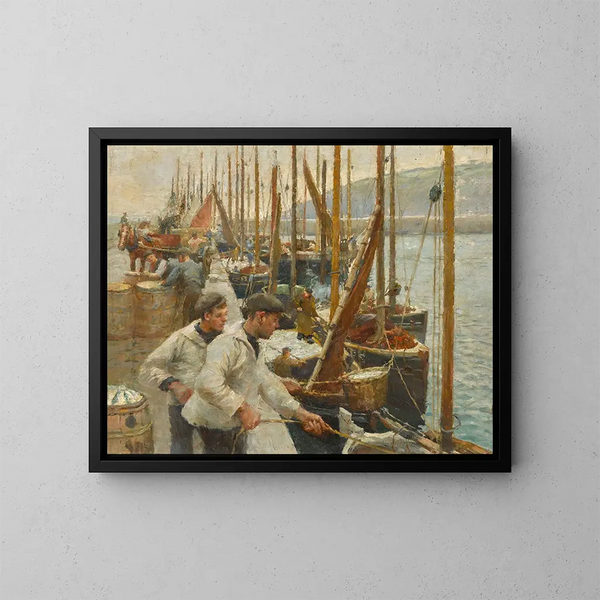 Bateaux de pêche à Newlyn - Harold Harvey — gerahmtes Bild an der Wand