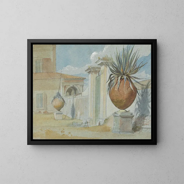 Villa Massimi, porta di Roma fiancheggiata da palme in grandi vasi in terracotta - Harry John Johnson — quadro incorniciato alla parete