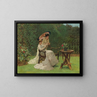 Due donne in un giardino - Hector Caffieri — quadro incorniciato alla parete