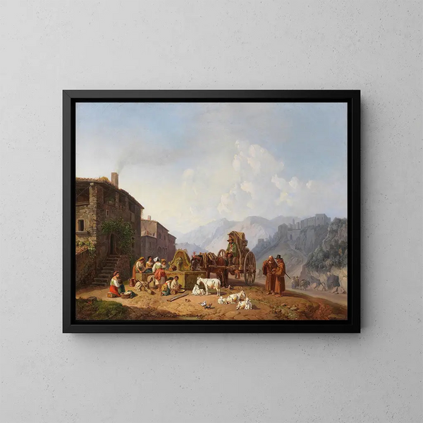 vicino alla fontana nelle montagne italiane - Heinrich Bürkel — quadro incorniciato alla parete