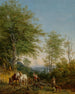 Ein bewaldetes Landschaftsbild im italienischen Stil mit einem Holzfäller und seinem Pferdegespann sowie einem Passanten mit seinem Hund - Heinrich Bürkel — Ansicht des Kunstwerks