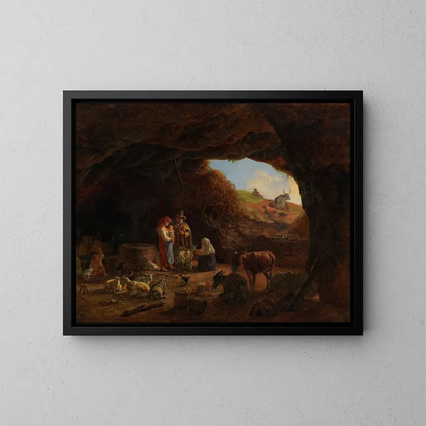 Famiglia di pastori italiani nella grotta - Heinrich Bürkel — quadro incorniciato alla parete