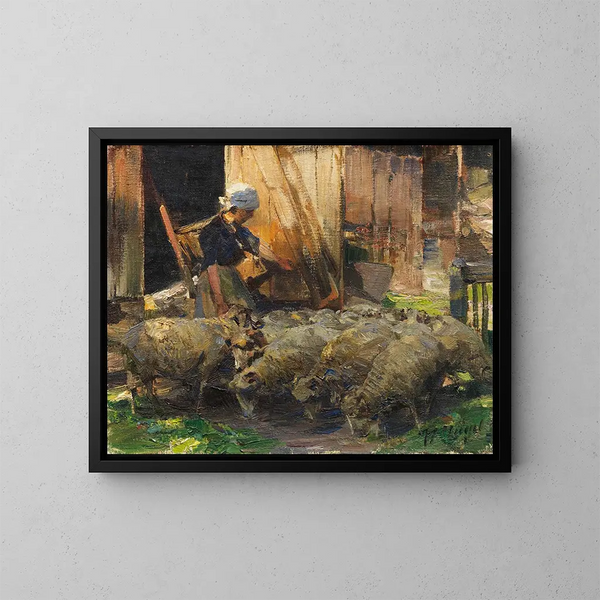 Bergère avec des moutons - Heinrich von Zügel — gerahmtes Bild an der Wand
