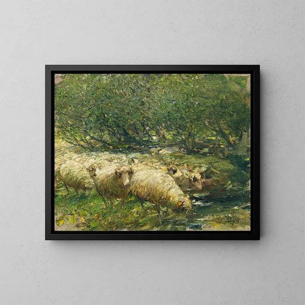 Bergère mit einer Schafherde am Bachufer im Schatten der Bäume - Heinrich von Zügel — gerahmtes Bild an der Wand