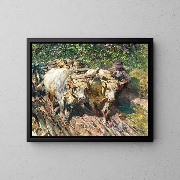 Zwei Rinder, die einen Wagen ziehen, in Bozen München - Heinrich von Zügel — gerahmtes Bild an der Wand