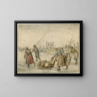 Hendrick Avercamp - Winter Landscape with Two Women and a Sledge and Other Figures on the Ice a Gallows in the Distance.webp