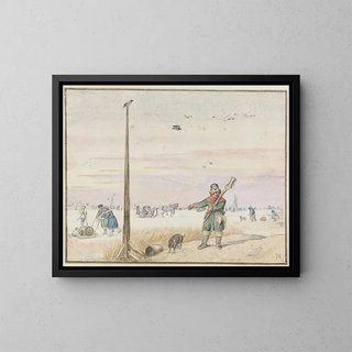 Hendrick Avercamp - Winter Landscape with a Duck Hunter with Game in his Belt and his Gun over his Shoulder on the Bank of a Frozen River.webp