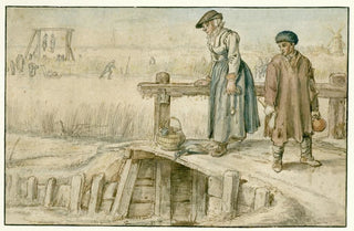 Hendrick Avercamp - Winter Landscape with a Woman and a Youth on a Small Bridge Skaters and a Gallows in the Distance.webp