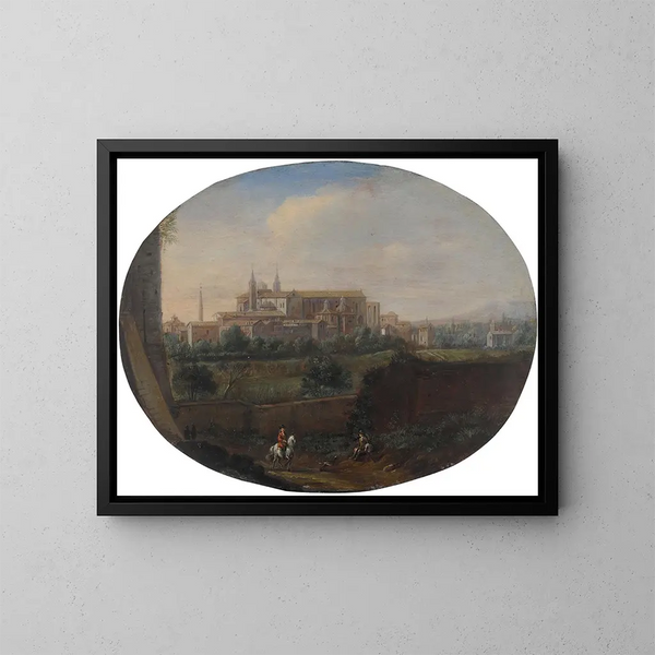 Vista di Roma da un giardino, guardando verso sud in direzione di San Giovanni in Laterano, vista da dietro - Hendrick Frans van Lint — quadro incorniciato alla parete