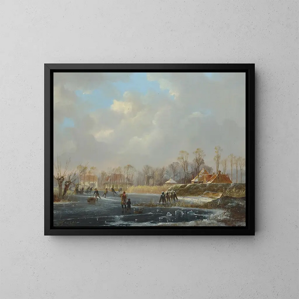 Ein Landschaft mit Figuren auf einem gefrorenen Fluss - Hendrik Gerrit ten Cate — gerahmtes Bild an der Wand