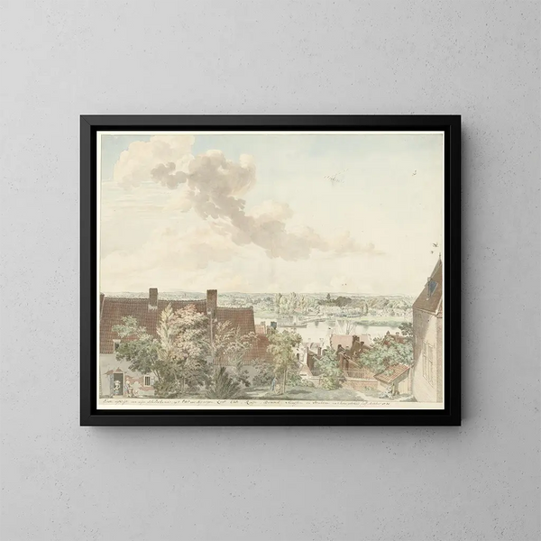 Ansicht von Nimwegen mit einem Boot auf dem Fluss - Hendrik Hoogers — gerahmtes Bild an der Wand