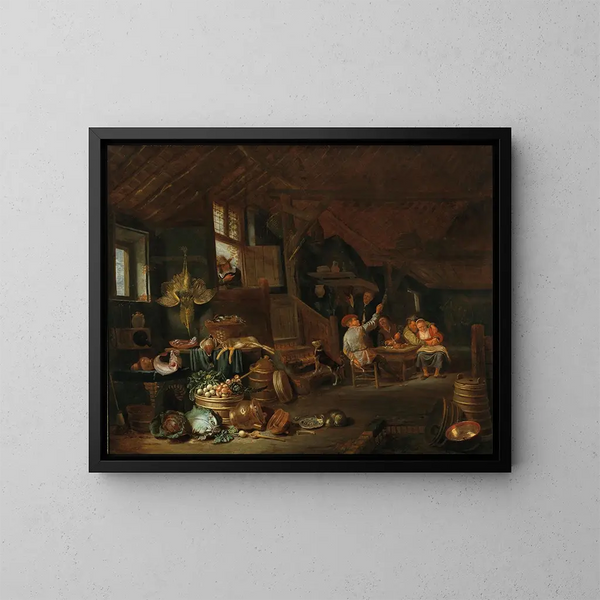 Interno di cucina con contadini che festeggiano - Hendrik Martensz Sorgh — quadro incorniciato alla parete