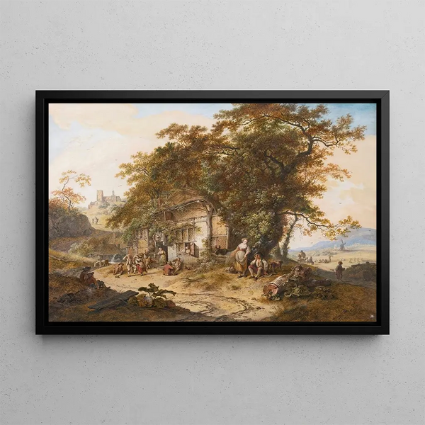 Hendrik Meijer - Extensive Landscape With Peasants Resting Before A Tavern Others Harvesting In The Distance And A Church On A Hill Behind.webp