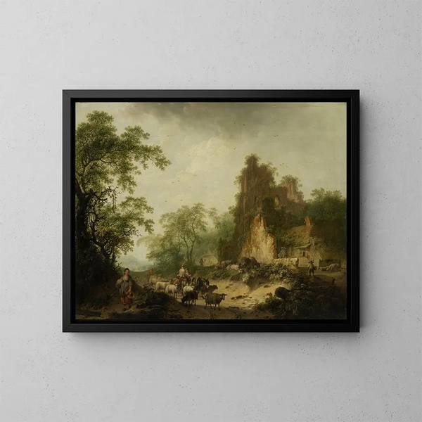 Paesaggio con un gregge di pecore davanti a una capanna di contadini in rovina - Hendrik Meyer — quadro incorniciato alla parete