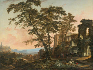 Hendrik van Minderhout - Extensive Rhenish Landscape With Peasants And Animals Resting In The Shade Of Romanesque Ruins.webp