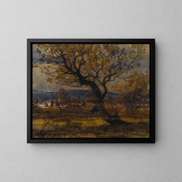 Studio di un arbusto sullo sfondo di alcune case di paglia - Henri-Joseph Harpignies — quadro incorniciato alla parete