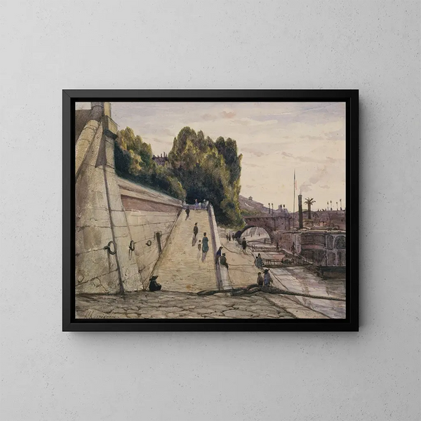 Le terme della Samaritaine, la Senna sul lungolago del Louvre, 1o arrondissement - Henri-Joseph Harpignies — quadro incorniciato alla parete