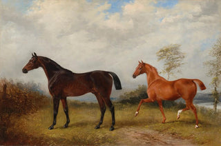 Henry Barraud - A bay and a chestnut hunter in a wooded landscape.webp