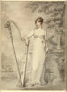 Portrait painting of Mlle V Dupuis leaning on a harp, with a fountain and a landscape with deer in the background - Henry Edridge — artwork view