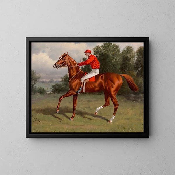 Rennpferd braun, vielleicht Chaos, Sieger der Second Futurity Stakes mit Jockey im Sattel - Henry Stull — gerahmtes Bild an der Wand