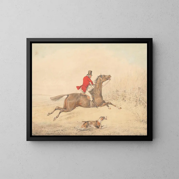 Cavaliere su un cavallo marrone pronto a saltare una staccionata a destra - Henry Thomas Alken — quadro incorniciato alla parete