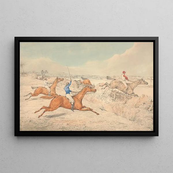 Corsa di Ostacoli, Quattro Cavalieri che Attraversano un Fosso e un Oxer - Henry Thomas Alken — quadro incorniciato alla parete
