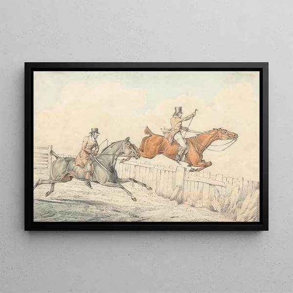 Due cavalieri che saltano una staccionata in legno - Henry Thomas Alken — quadro incorniciato alla parete