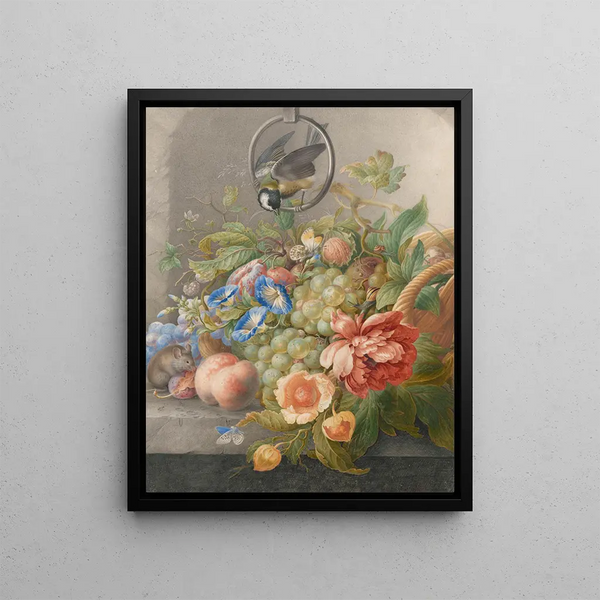 Herman Henstenburgh - Stilleven met bloemen vruchten een koolmees en een muis.webp