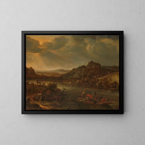 Vista sul fiume con traghetto - Herman Saftleven — quadro incorniciato alla parete