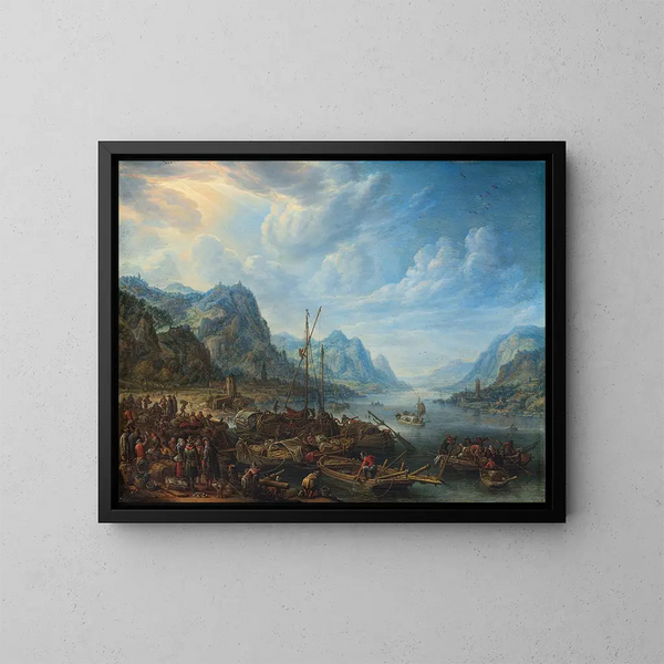 Vista di un fiume con ormeggi di barche - Herman Saftleven — quadro incorniciato alla parete