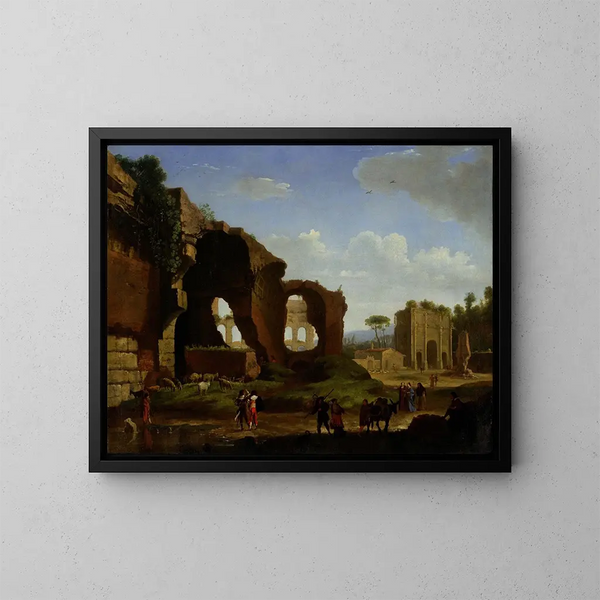 Una veduta romana delle rovine del tempio di Venere e di Roma con il Colosseo e l'arco di Costantino - Herman van Swanevelt — quadro incorniciato alla parete