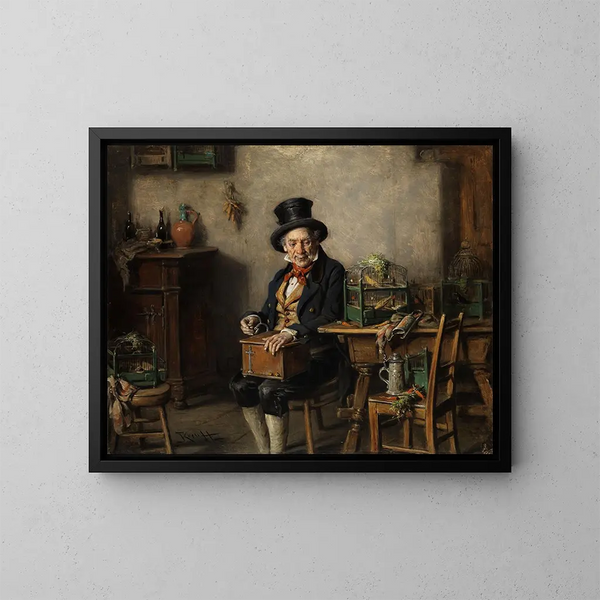 Alter Mann mit Musikbox - Hermann Kern — gerahmtes Bild an der Wand