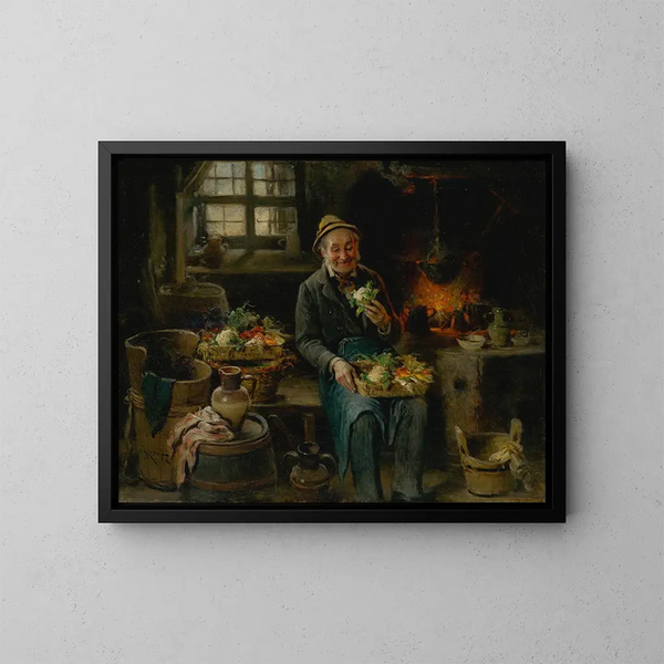 Alter Mann in der Küche - Hermann Kern — gerahmtes Bild an der Wand