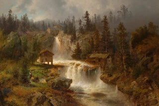 Hermann Ottomar Herzog - Figures Before a Mill in a Mountainous River Landscape At the Mill Falls.webp