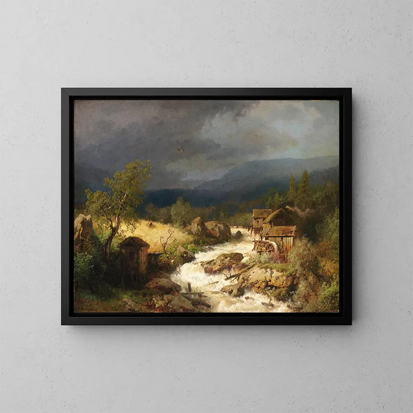 Mühle an einem Bach - Hermann Ottomar Herzog — gerahmtes Bild an der Wand