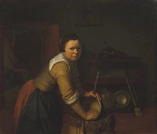 Heyman Dullaert - A maid washing pans in a kitchen.webp