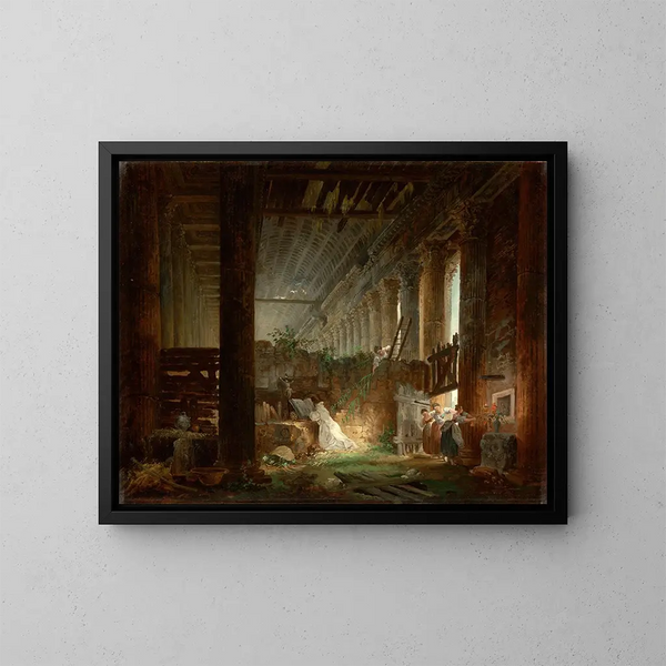 Un eremita che prega tra le rovine di un tempio romano - Hubert Robert — quadro incorniciato alla parete