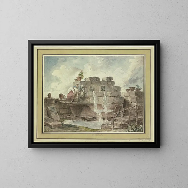 Una fontana romana con una donna che raccoglie acqua - Hubert Robert — quadro incorniciato alla parete