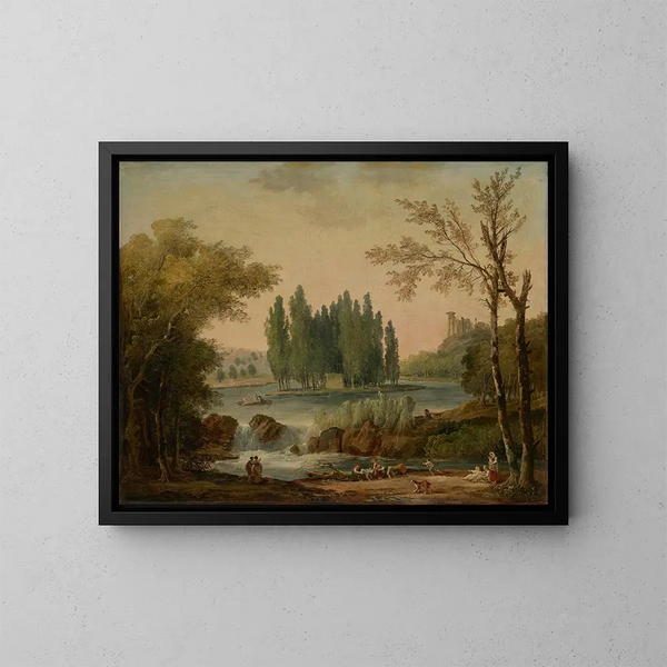 Vista del parco di Ermenonville con la tomba di Jean-Jacques Rousseau e il Tempio della Filosofia - Hubert Robert — quadro incorniciato alla parete
