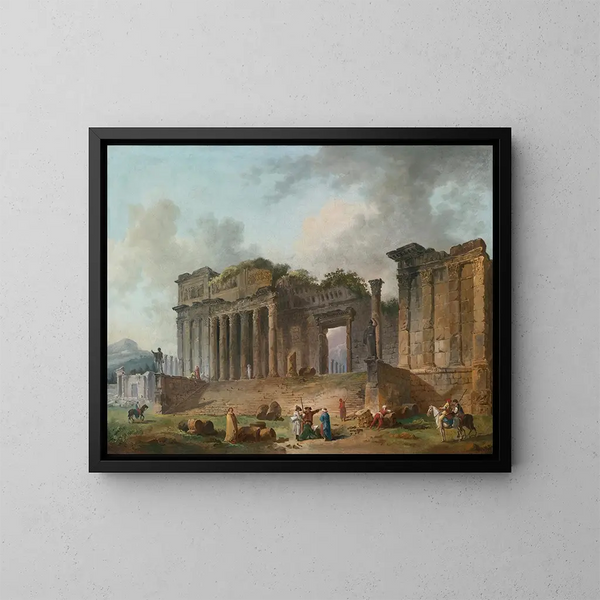 Un caprice architettonico con un artista che schizza in primo piano - Hubert Robert — quadro incorniciato alla parete
