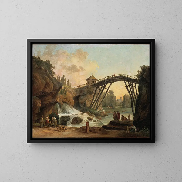 Zeichner, der die Holzbrücke im Park von Mrville zeichnet - Hubert Robert — gerahmtes Bild an der Wand