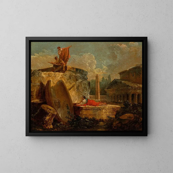 Zeichner in einer Landschaft mit antiken Ruinen - Hubert Robert — gerahmtes Bild an der Wand