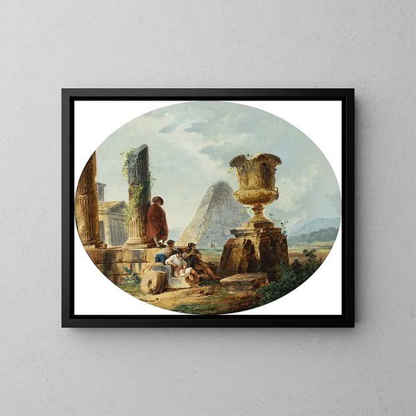 Paesaggio con soldati e una piramide - Hubert Robert — quadro incorniciato alla parete