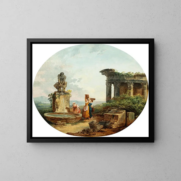 Paesaggio con lavandaie a una fontana - Hubert Robert — quadro incorniciato alla parete