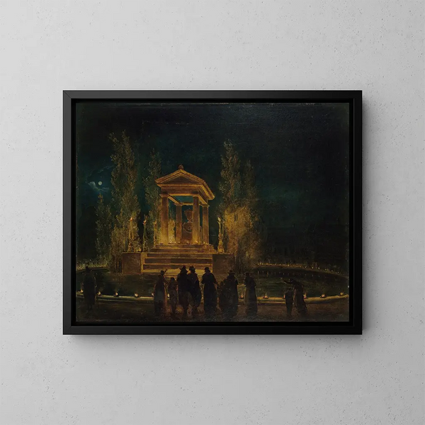 Il mausoleo provvisorio di Jean-Jacques Rousseau sul bacino delle Tuileries prima del trasferimento delle sue ceneri al Pantheon, notte dal 10 all'11 ottobre 1794 - Hubert Robert — quadro incorniciato alla parete