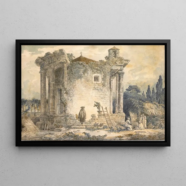Hubert Robert - The Temple Of The Sibyl At Tivoli A Man In A Cloak And Hat Standing On The Steps A Group Of Monks To The Right.webp