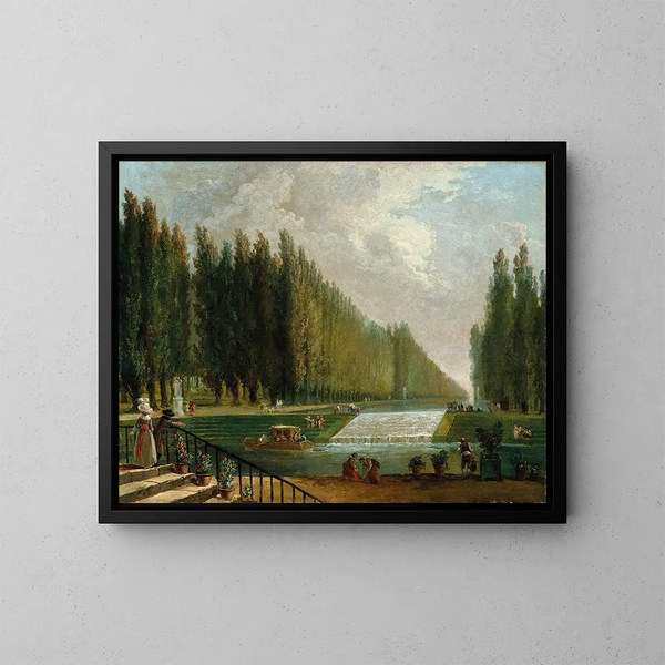 Il parco di una villa di campagna con personaggi che passeggiano vicino a una cascata d'acqua - Hubert Robert — quadro incorniciato alla parete