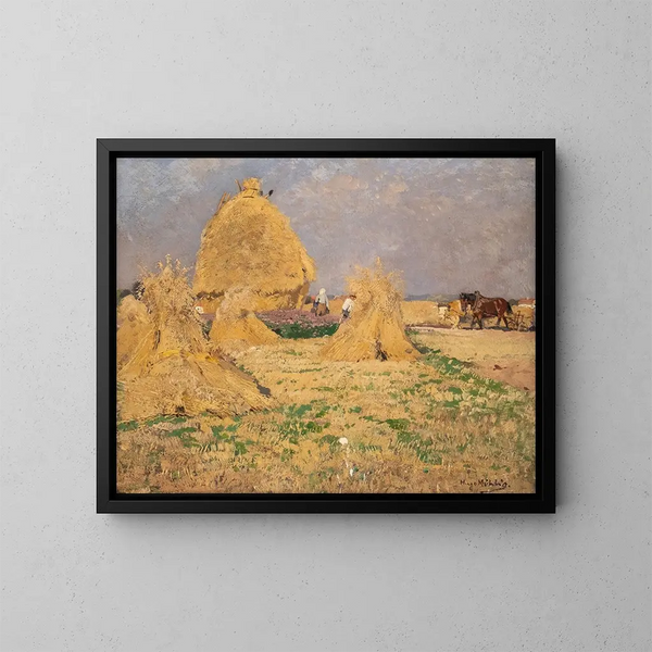 Der Landwirte beim Heu-Ernten - Hugo Mühlig — gerahmtes Bild an der Wand