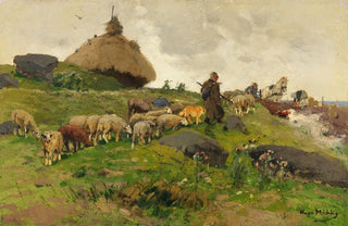 Hugo Mhlig - Schfer mit Herde auf dem Heimweg.webp